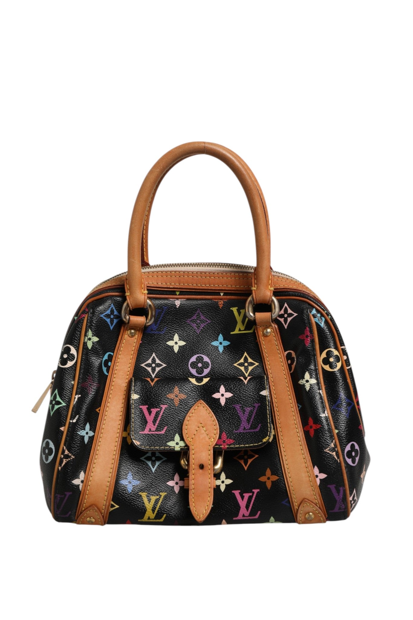 Sac à main Louis Vuitton Priscilla en toile Monogram multicolore et cuir noir, avec poignées en cuir et fermeture métallique.