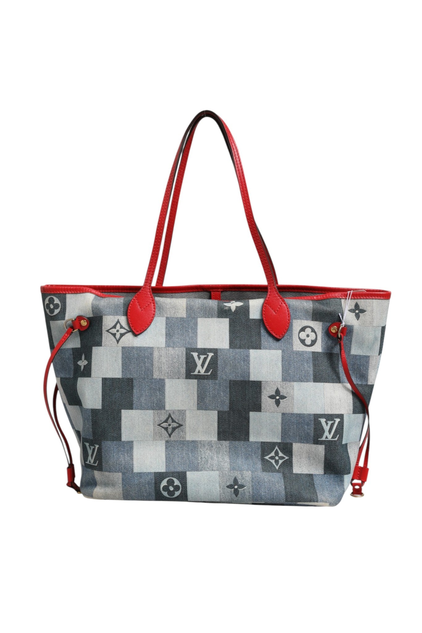 Sac Louis Vuitton Neverfull Patchwork Monogram Denim, grand sac fourre-tout en toile denim avec logo monogramme.