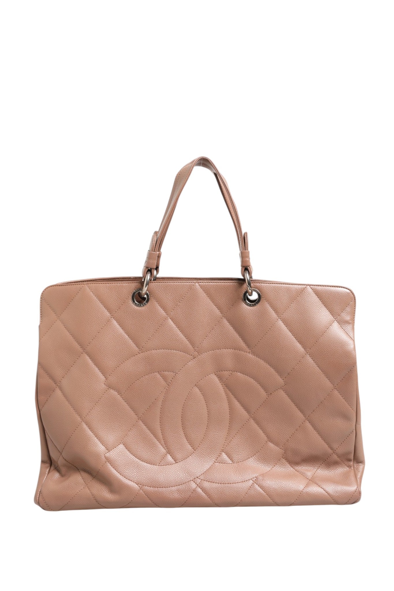 Grand sac cabas Chanel Shopping Tote en toile matelassée noire avec poignées en cuir et logo Chanel en métal brillant