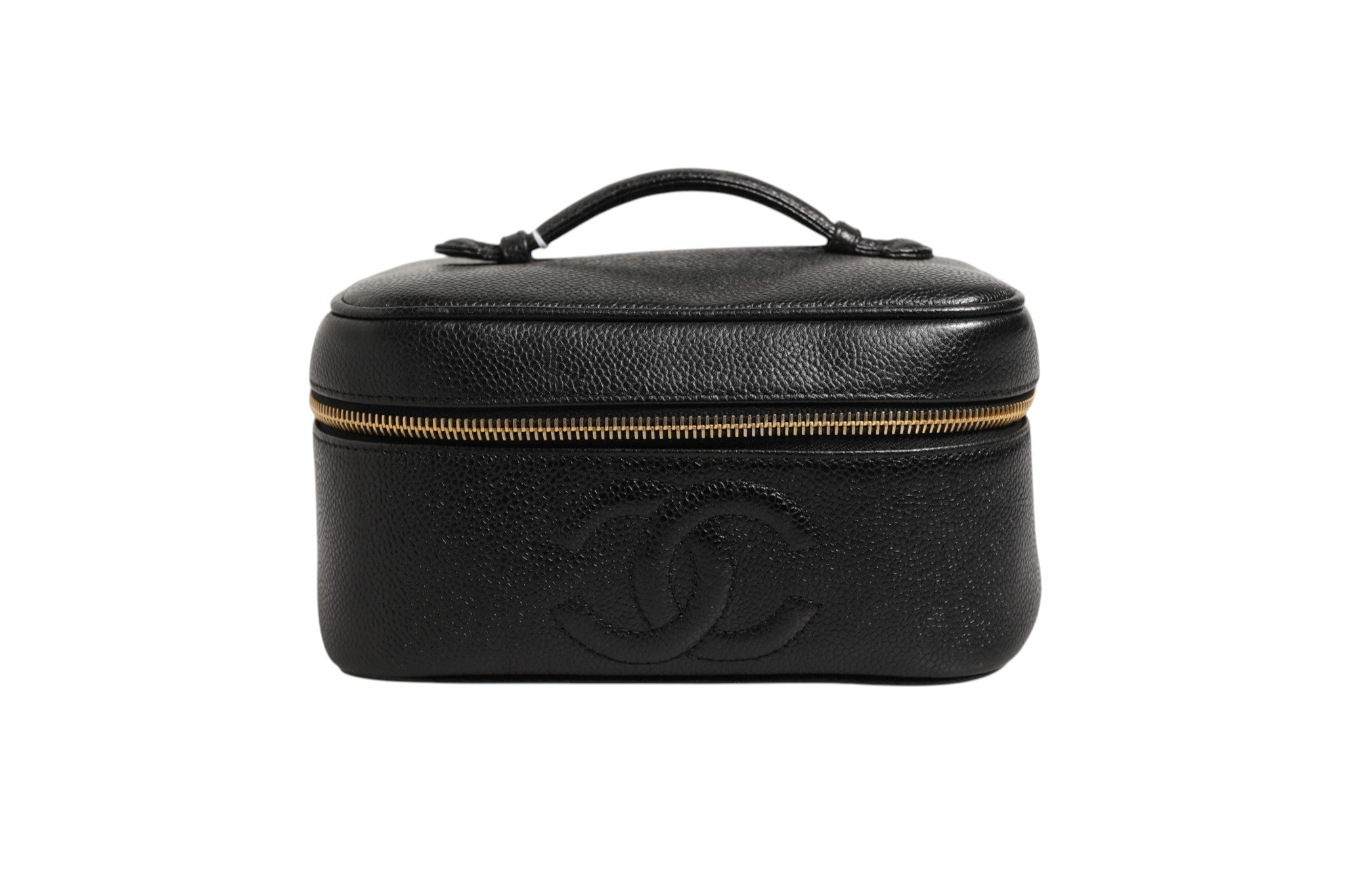 Trousse à maquillage Chanel noire et or avec logo, en tissu élégant et finition sophistiquée, vue de face.