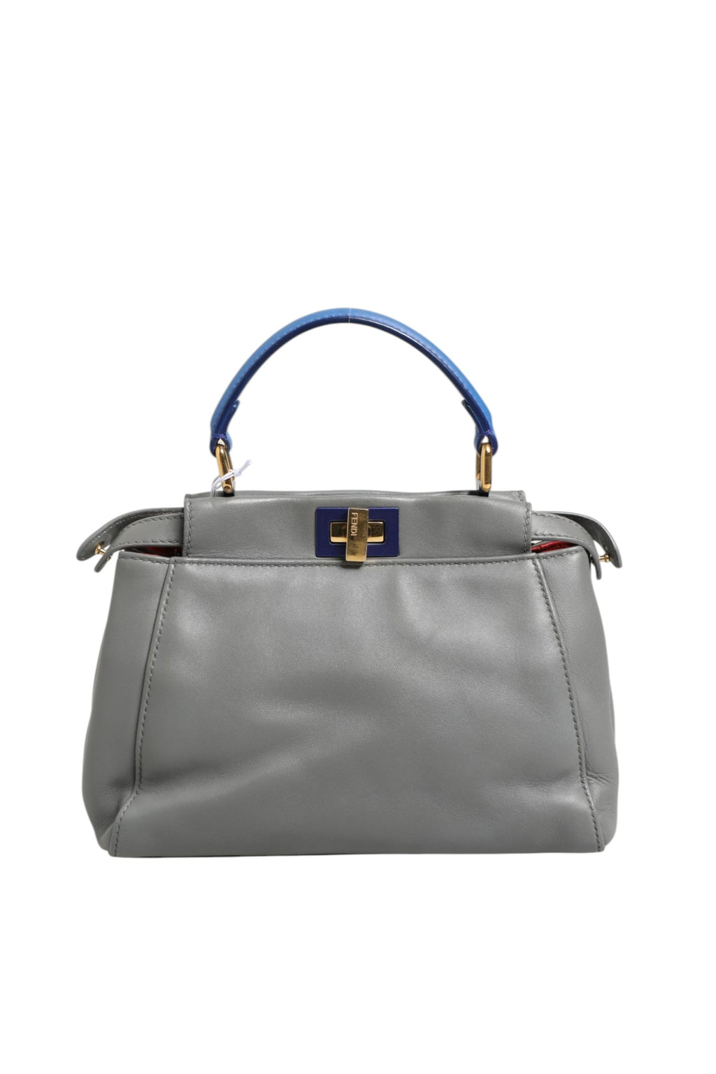 Sac à main Fendi Mini Peekaboo bleu gris avec double poignée en cuir et fermeture à clou, élégant et sophistiqué.