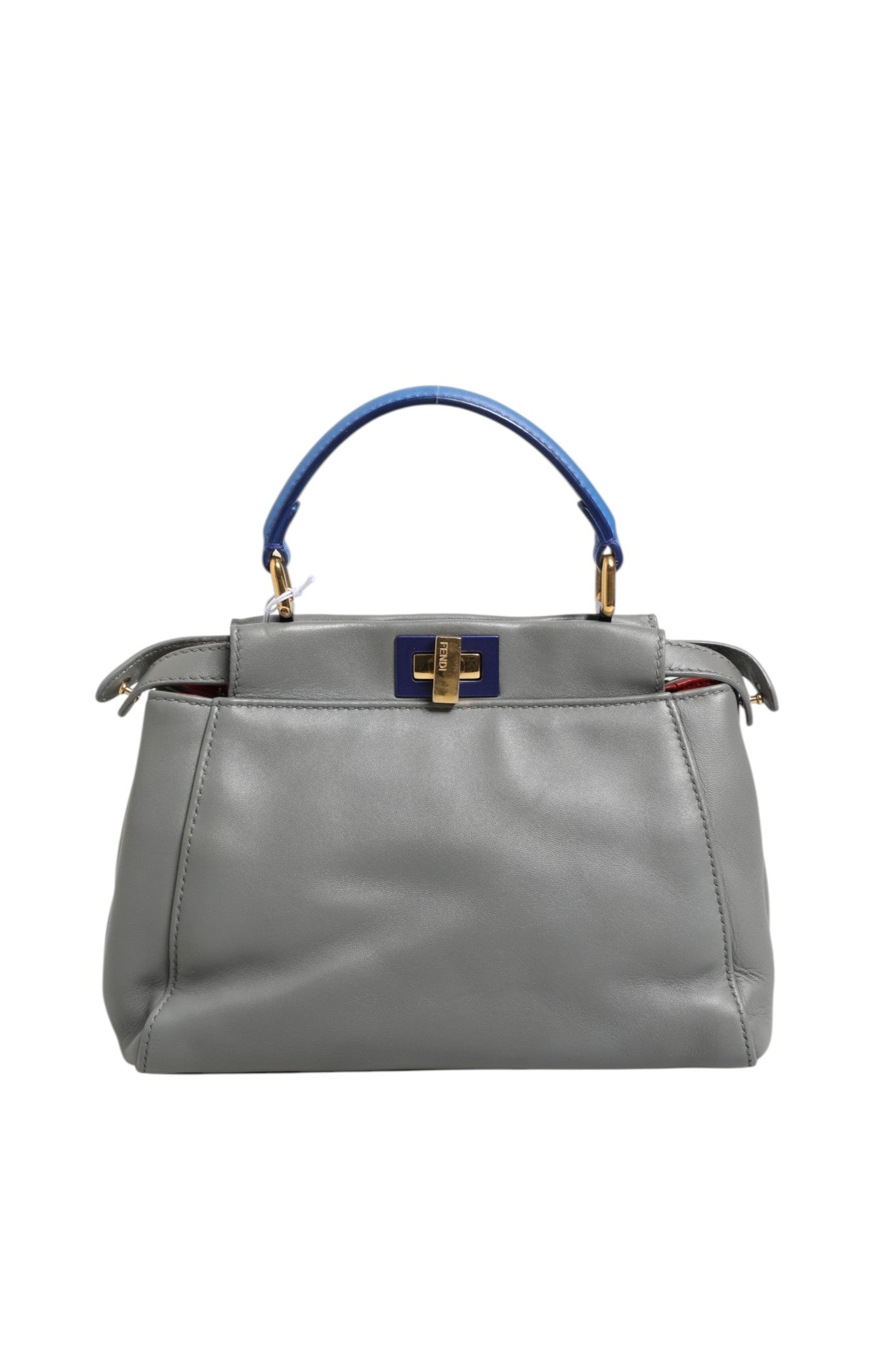 Sac à main Fendi Mini Peekaboo bleu gris avec double poignée en cuir et fermeture à clou, élégant et sophistiqué.