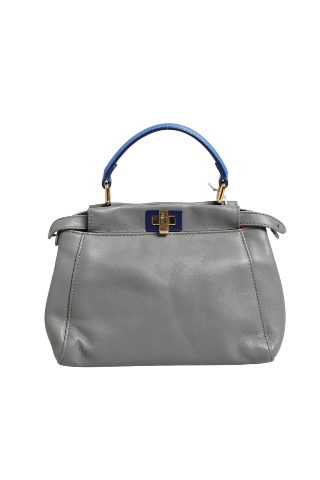 Sac à main Fendi Mini Peekaboo bleu gris en cuir avec poignées et fermeture élégante.