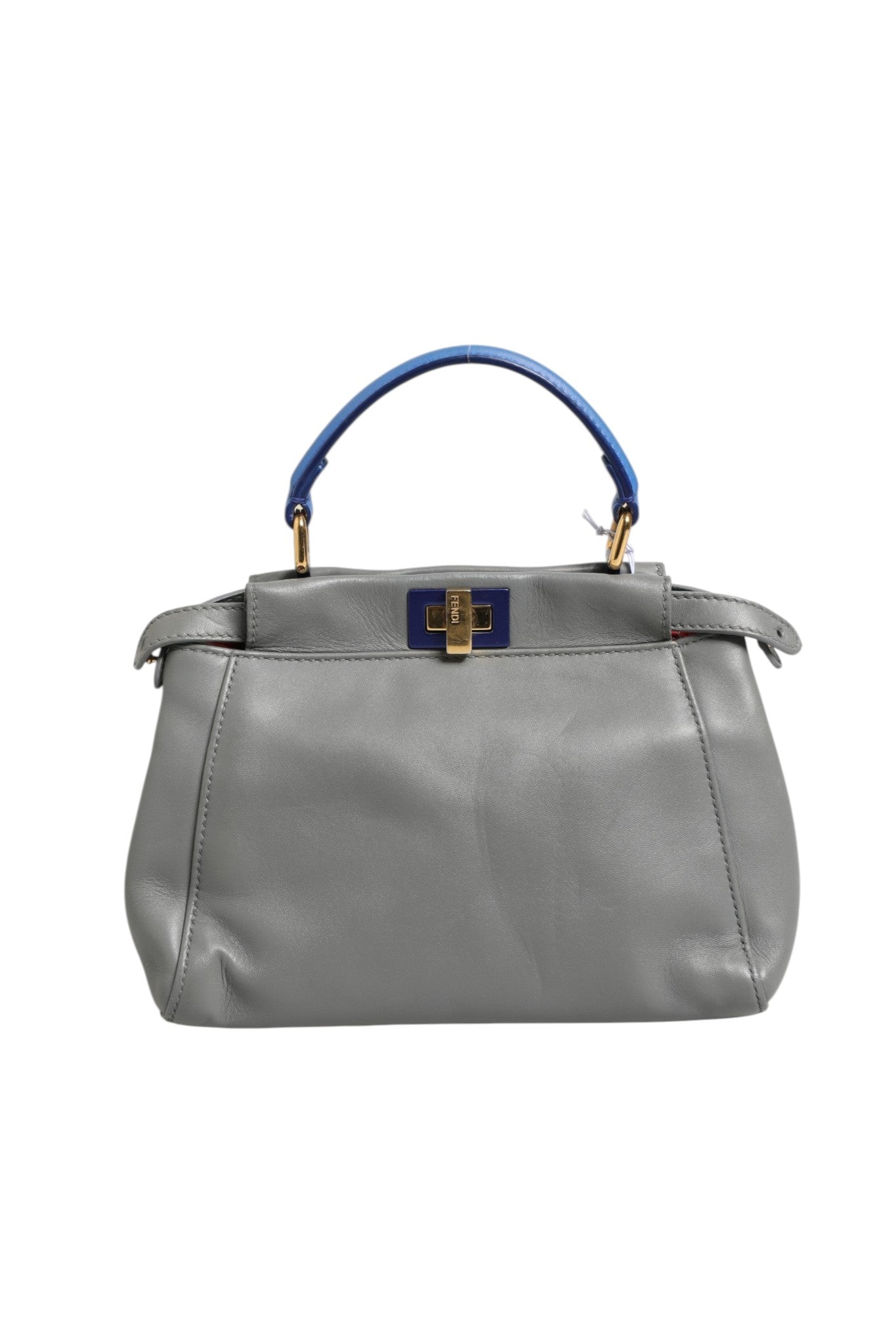 Sac à main Fendi Mini Peekaboo bleu gris en cuir avec poignées et fermeture élégante.