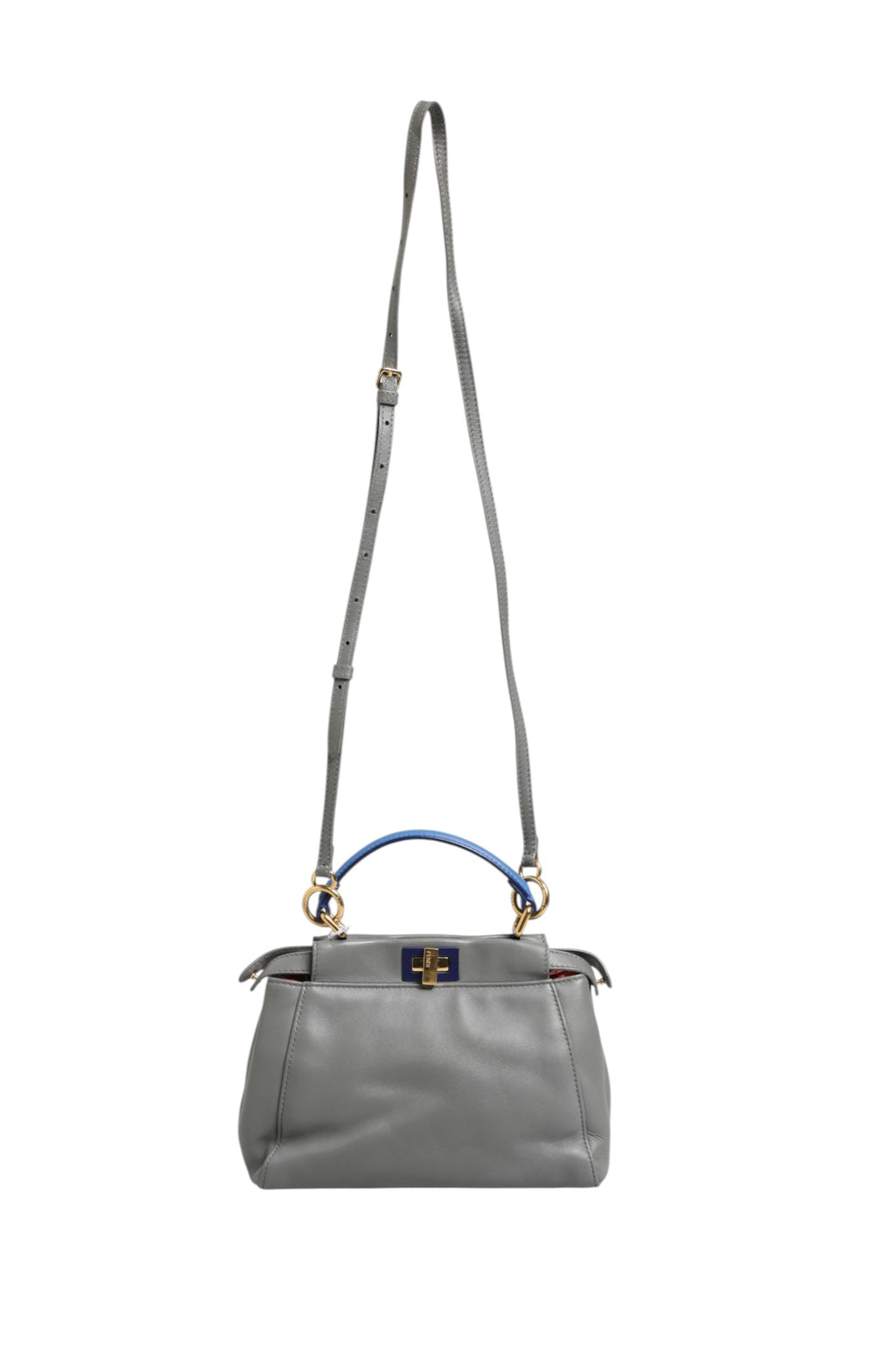 Sac à main Fendi Mini Peekaboo bleu gris en cuir avec double poignée et fermeture métallique élégante.
