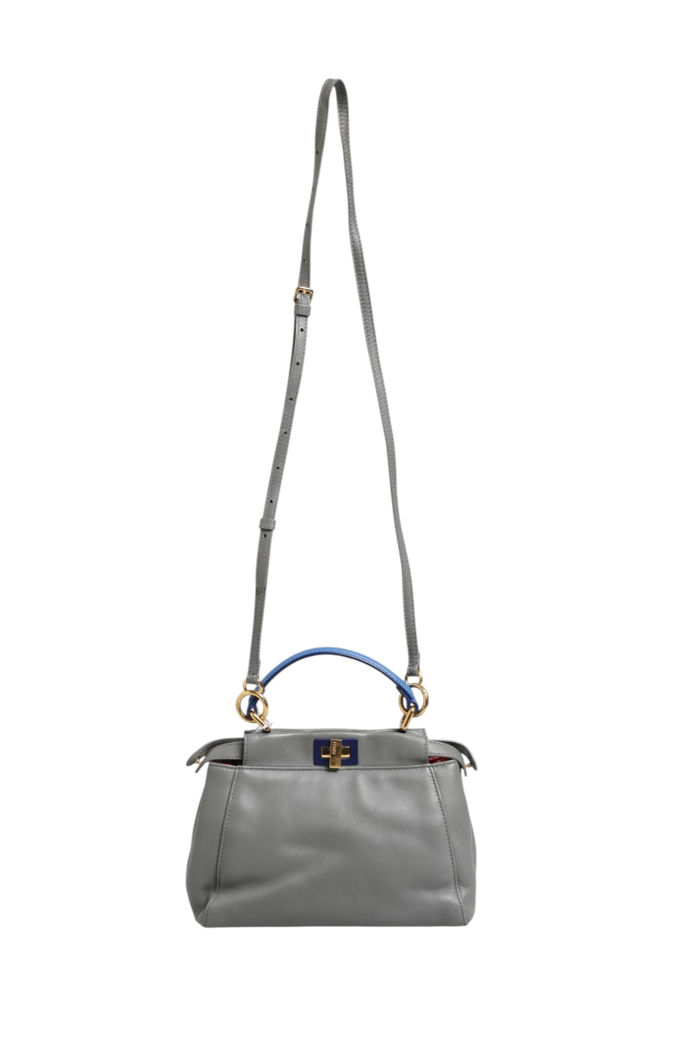 Sac à main Fendi Mini Peekaboo bleu gris en cuir avec double poignée et fermeture métallique élégante.