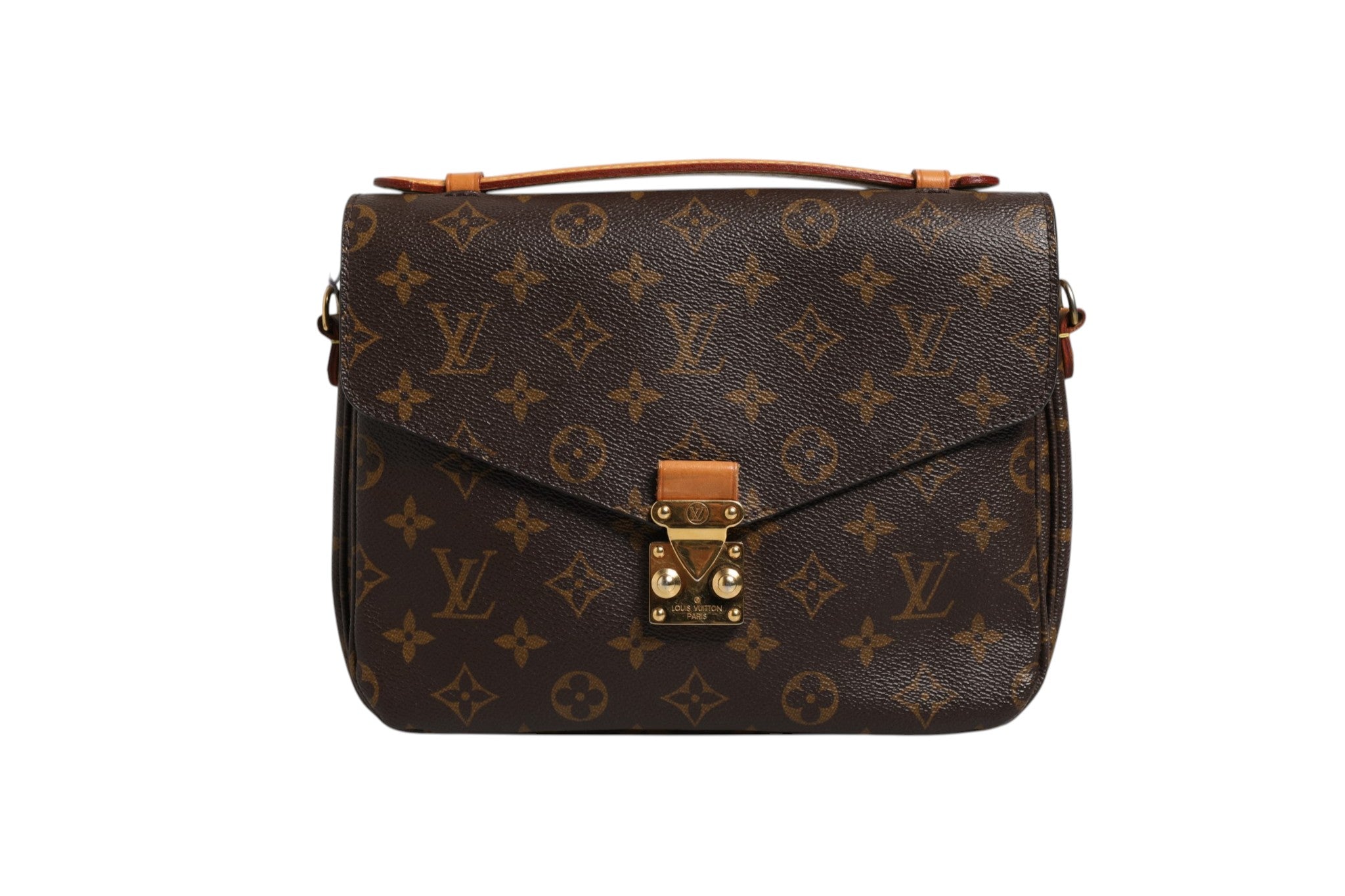 Pochette Métis Louis Vuitton en toile Monogram avec bandoulière en cuir et fermeture métallique visible.