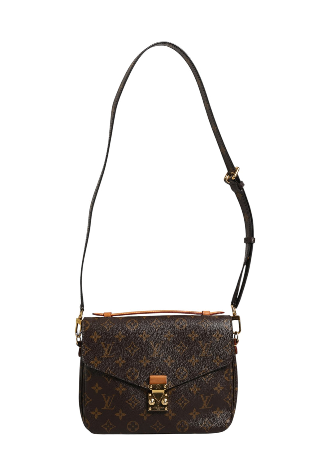 Pochette Métis Monogram de Louis Vuitton, sac à main en toile monogramme avec bandoulière en cuir et détails dorés.
