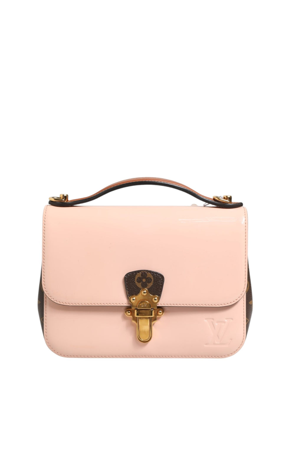 Sac à main Louis Vuitton Cherrywood BB en vernis rose et toile Monogram, avec bandoulière et détails élégants.