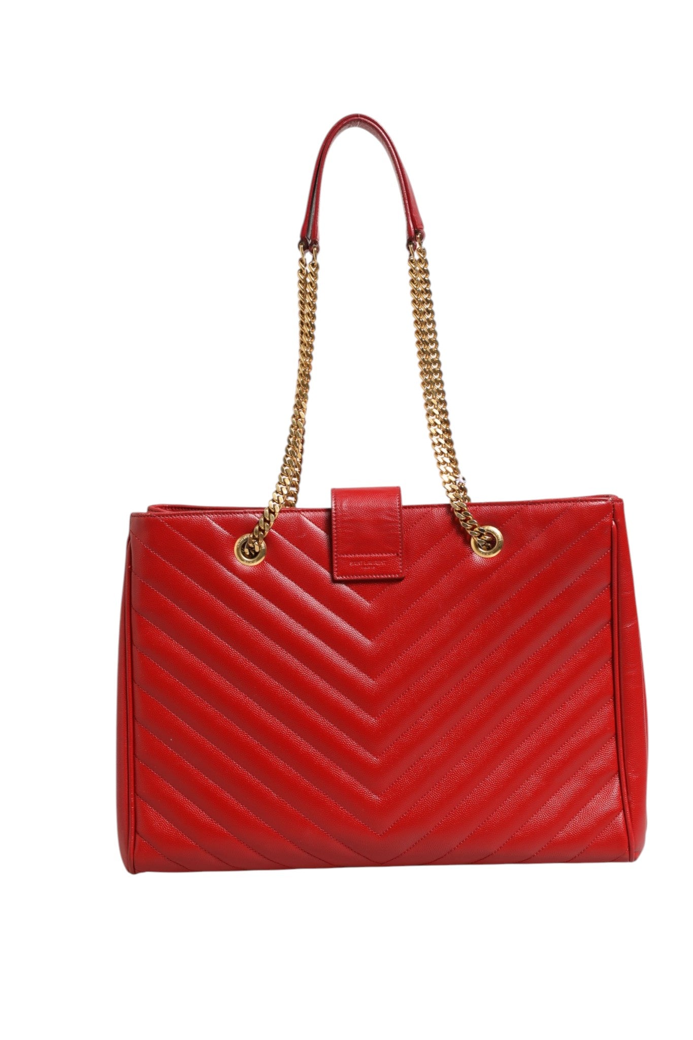 Sac cabas en cuir grainé rouge à motif chevron et monogramme Saint Laurent, avec poignées en cuir et design élégant.