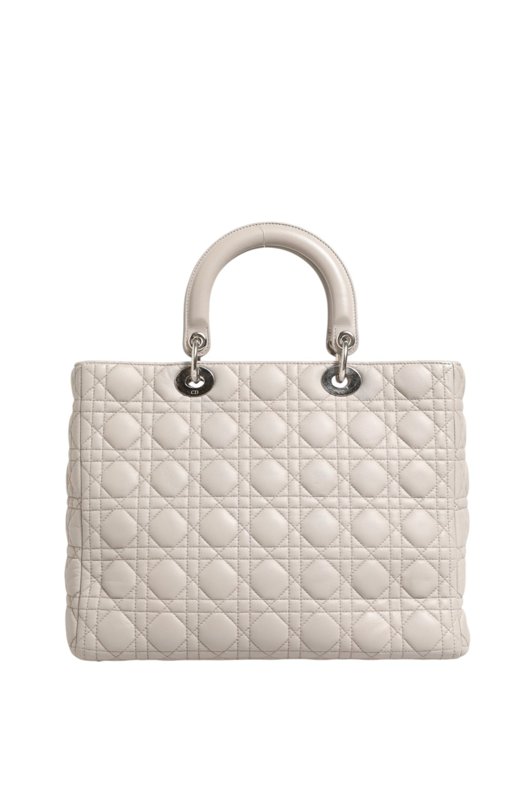 Sac à main Lady Dior grande taille en cuir de mouton gris avec motif cannage, signé Christian Dior.