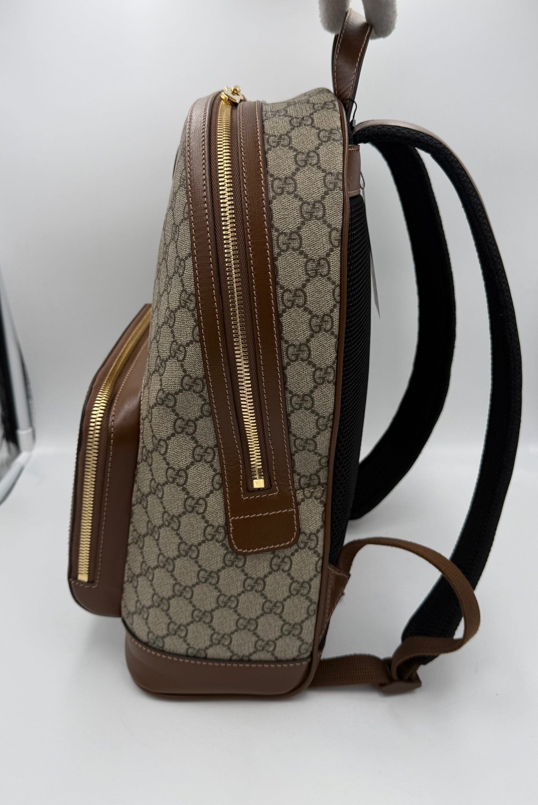 Sac à dos Gucci GG Supreme et cuir, avec logo emblématique, doublure en tissu et détails en cuir, élégant et pratique.
