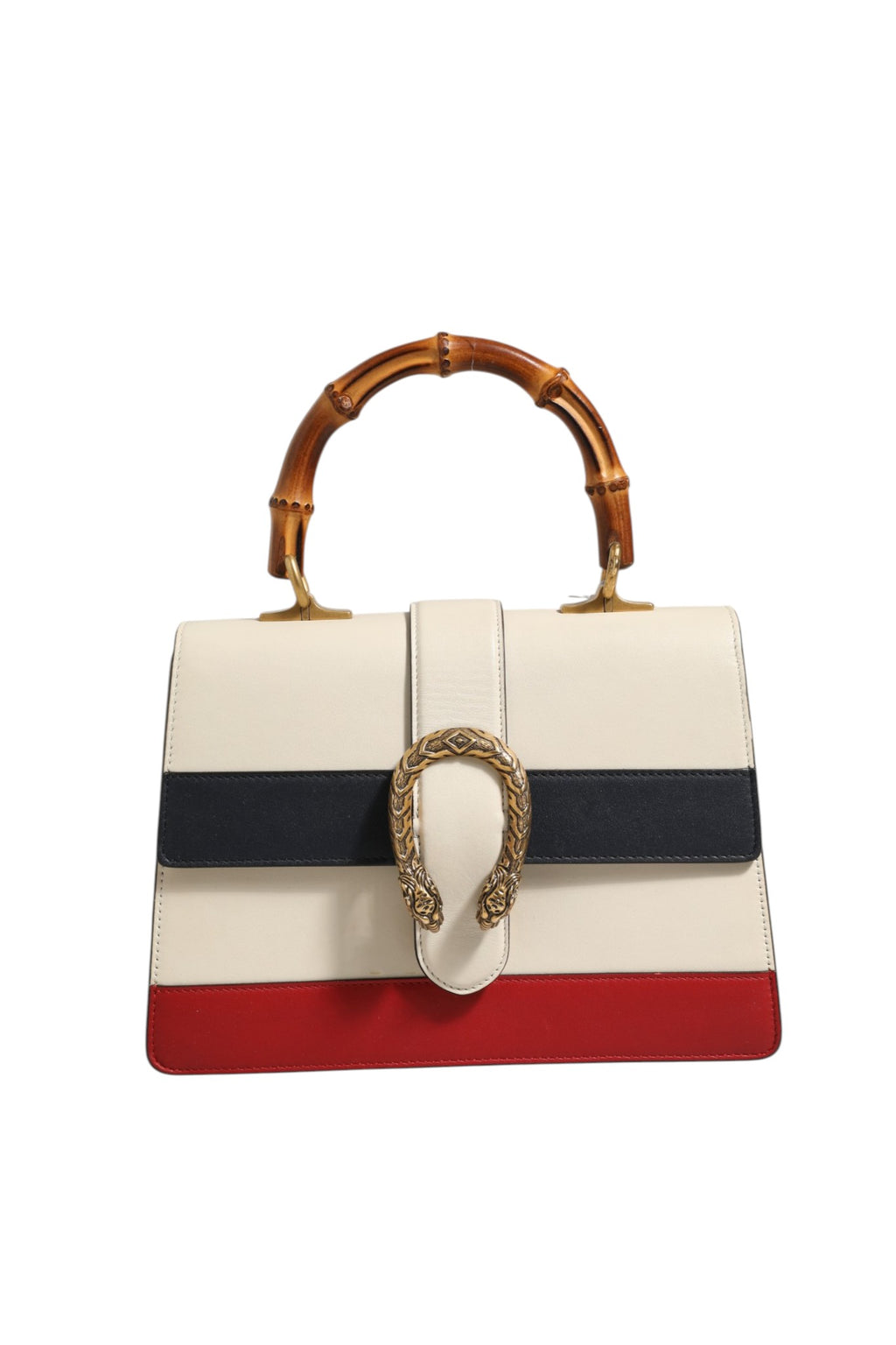 Sac à main Gucci Dionysus en cuir colorblock avec poignée en bambou, élégant et chic, pour un style sophistiqué.