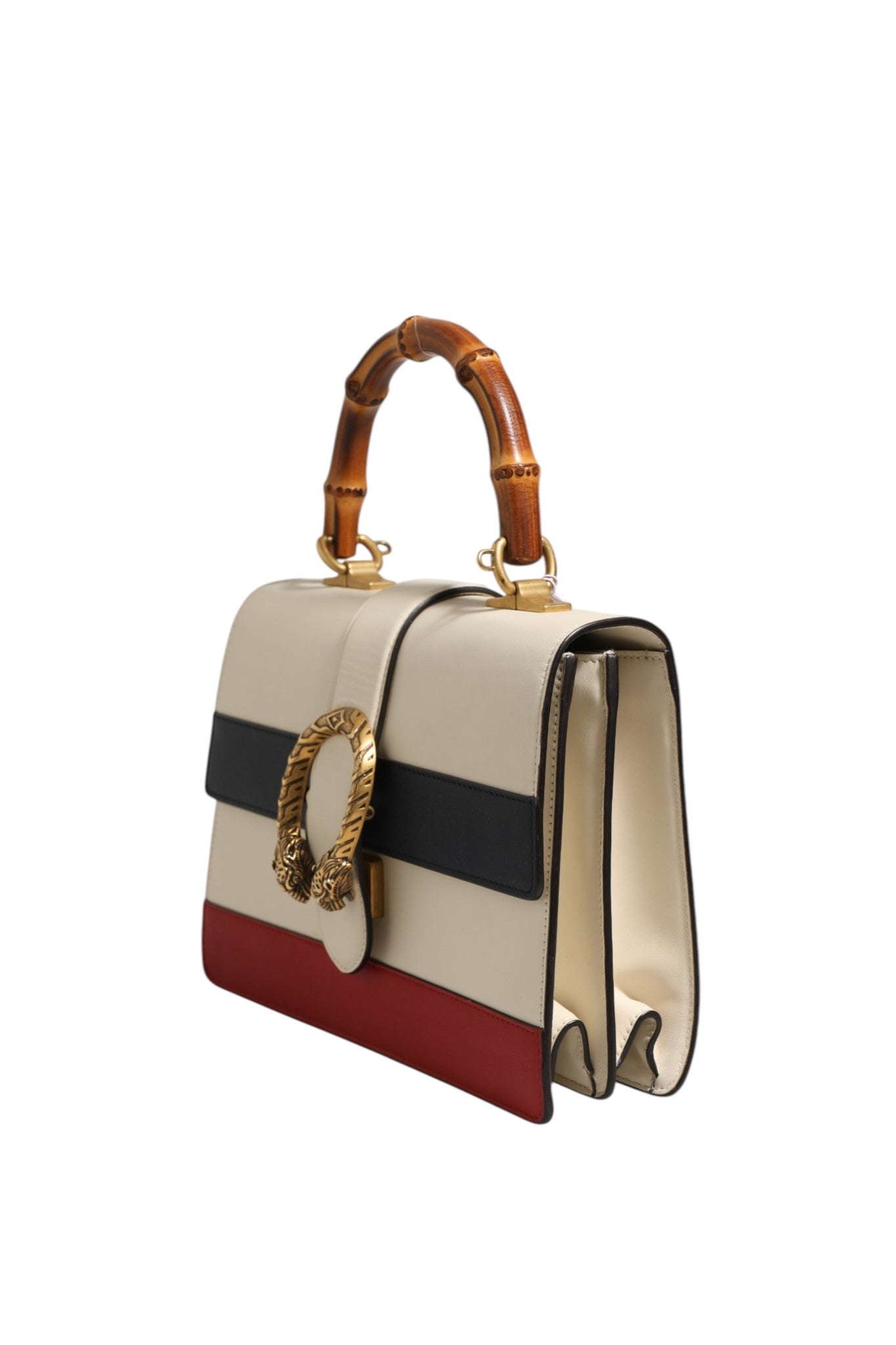 Sac à main Gucci Dionysus en cuir coloré avec poignée en bambou et détails en bois, style élégant et sophistiqué.