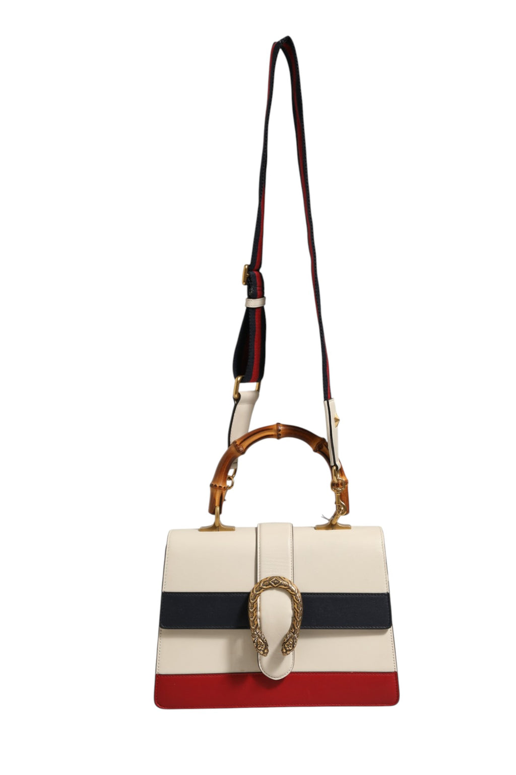 Sac à main Gucci Dionysus en cuir colorblock avec poignée en bambou, design élégant et luxueux.