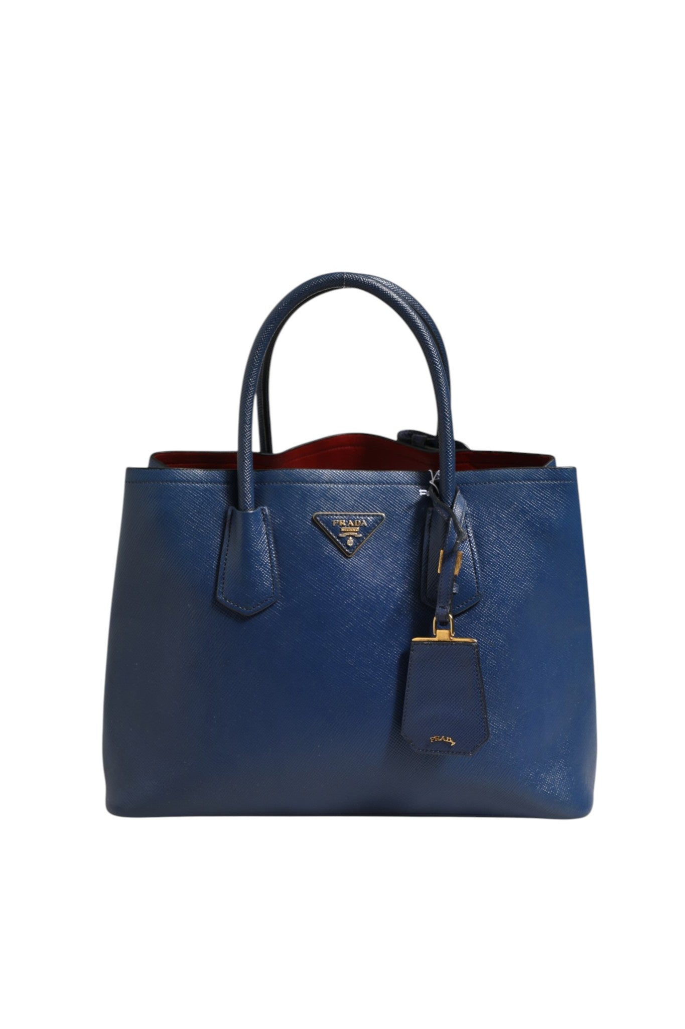 Sac Prada en cuir saffiano bleu à bandoulière et poignée, sac à main élégant 2 voies, vue de face.