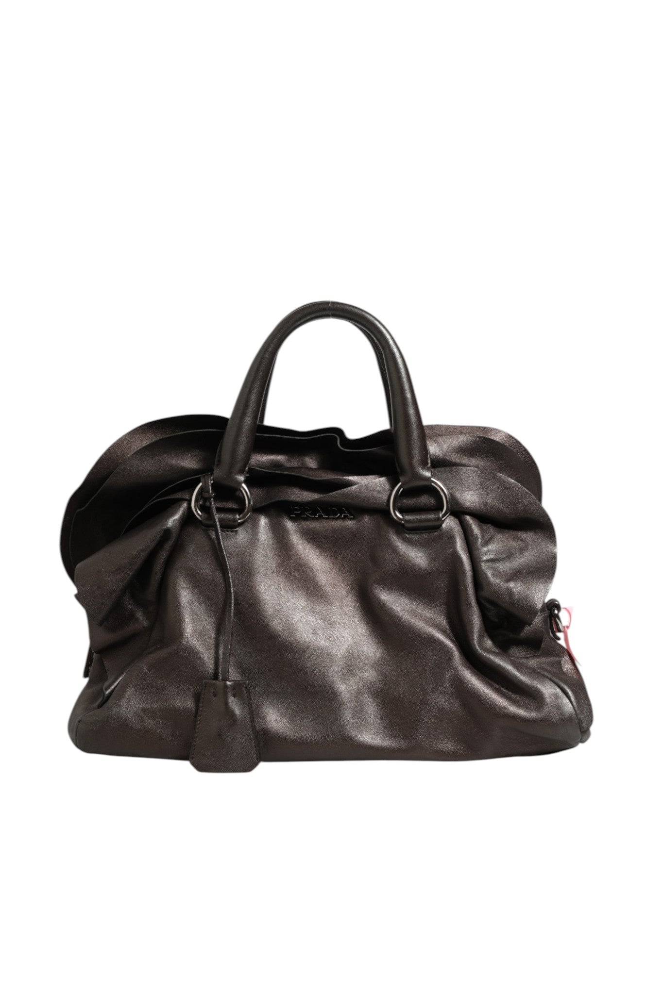 Sac à épaule en cuir nappa métallisé avec volants de Prada, élégant et sophistiqué, pour un style moderne et luxueux.