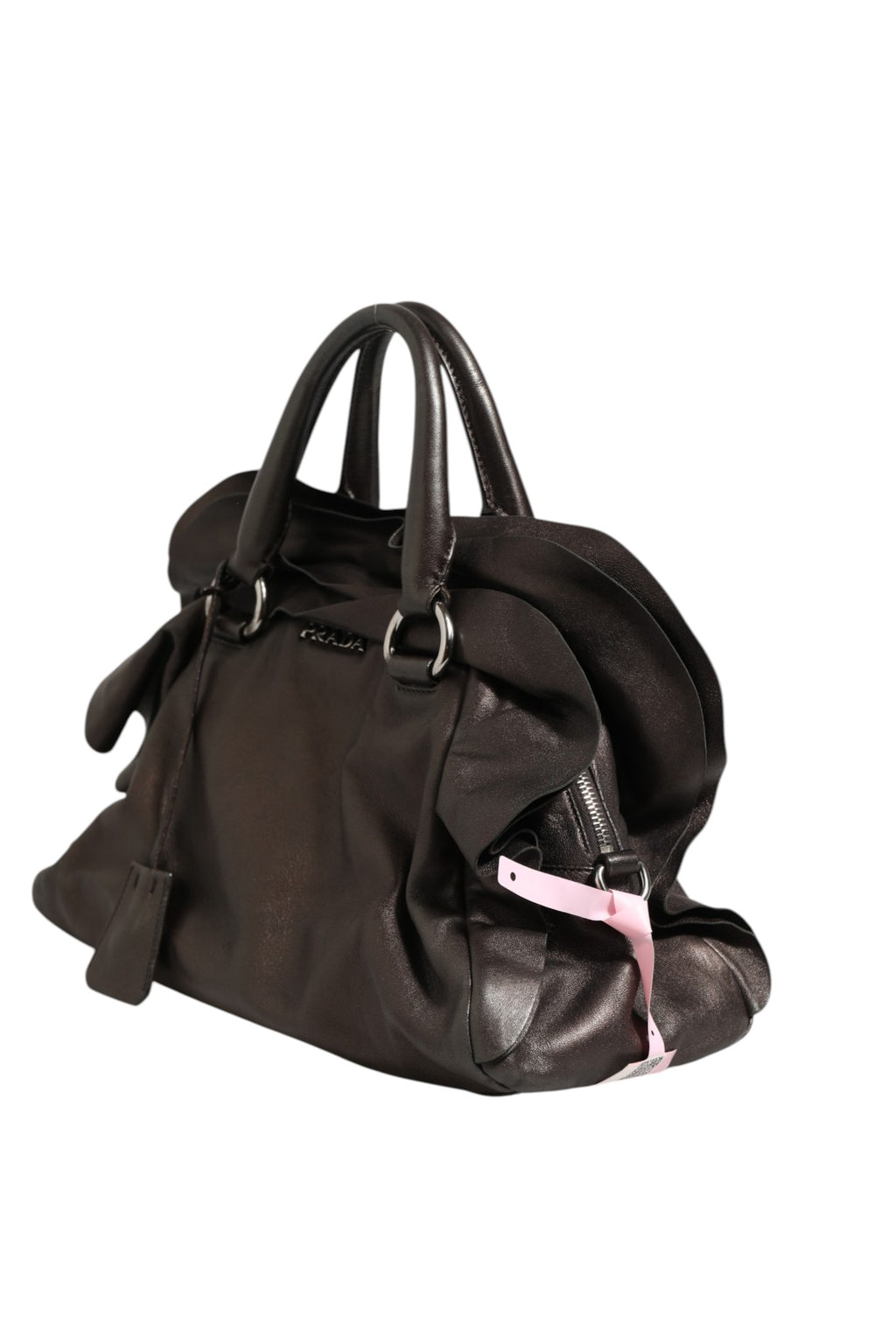 Sac à main Prada en cuir nappa métallisé avec détails froncés, sac d'épaule élégant et sophistiqué en cuir brillant.