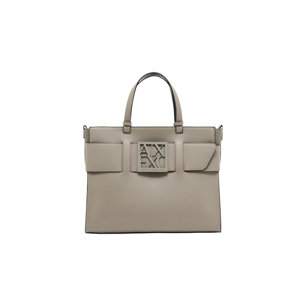 Sac à main en cuir artificiel beige Armani Exchange, élégant et spacieux, avec poignées et détails modernes visibles sur l'image.