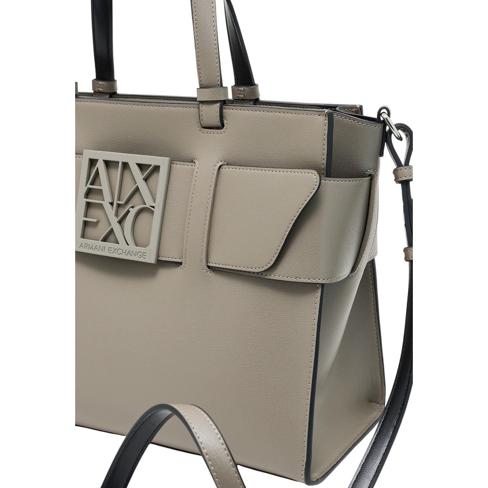 Sac à main Armani Exchange en cuir synthétique beige avec poignées, design élégant et moderne.