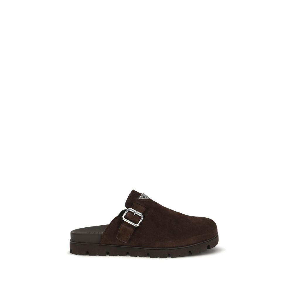 Mules en cuir de veau marron Prada Bos Taurus, chaussures élégantes pour femme, vue de côté.
