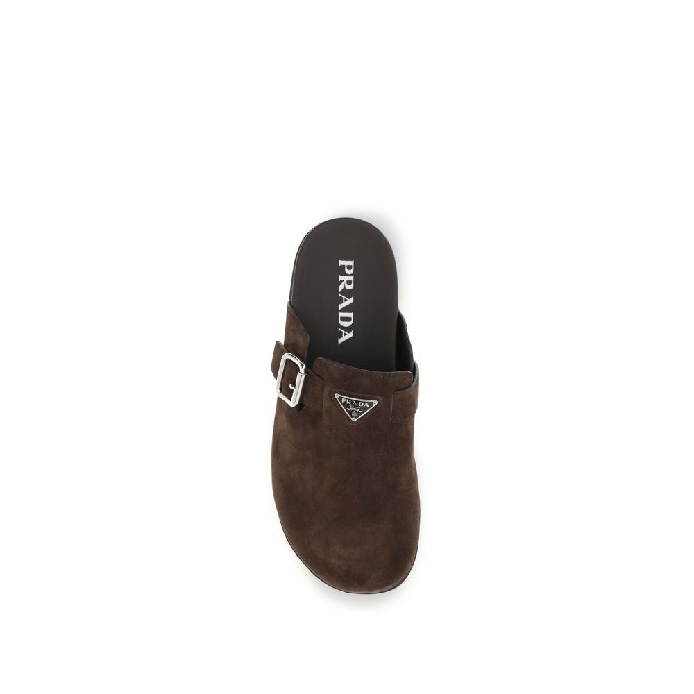 Mules en cuir de veau marron Prada Bos Taurus avec semelles en cuir et design élégant pour femmes.