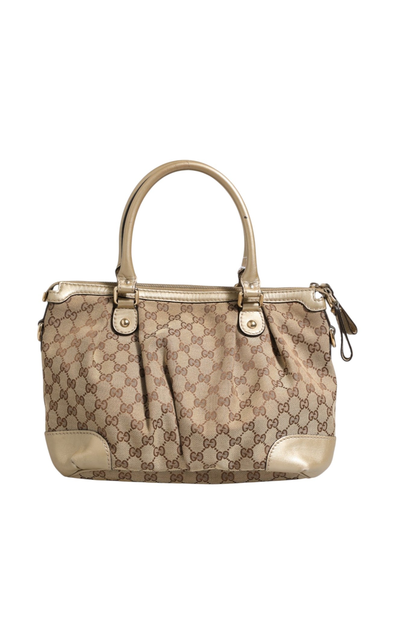 Sac à bandoulière Gucci Sukey en toile avec détails en cuir et logo, vue de face, sac à deux façons.