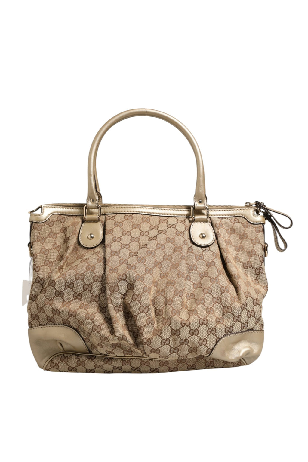 Sac à main Gucci Sukey en toile canvas, avec motifs Gucci, poignée en cuir et fermeture métallique.