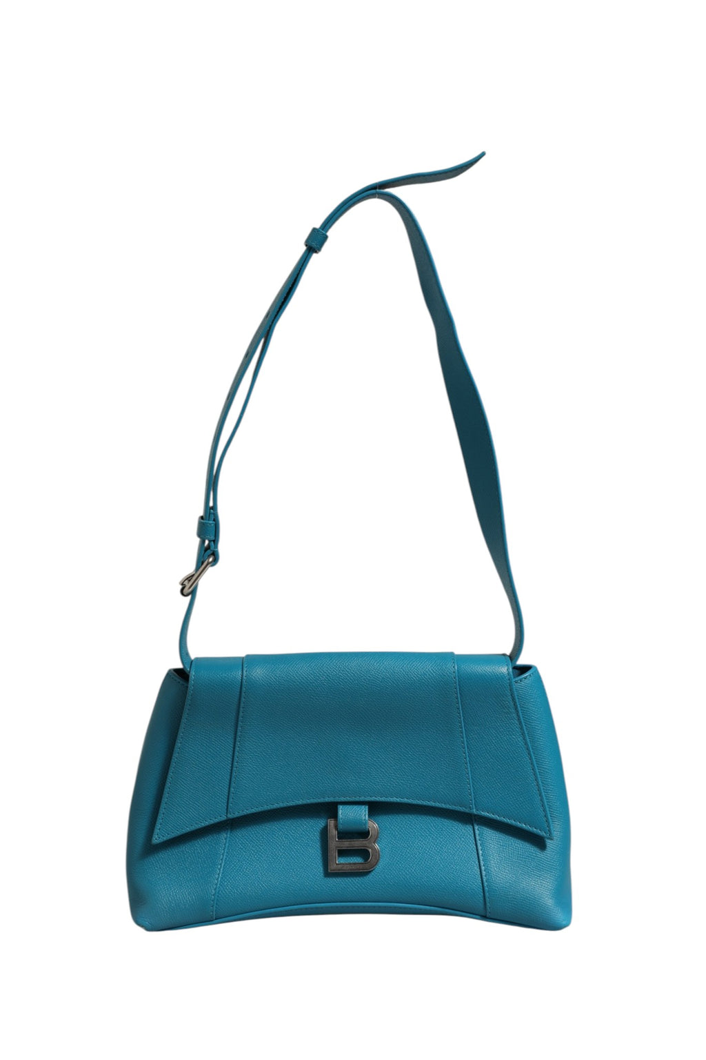Sac à main Balenciaga S Downtown en cuir de veau bleu, sacoche à épaule élégante et moderne.