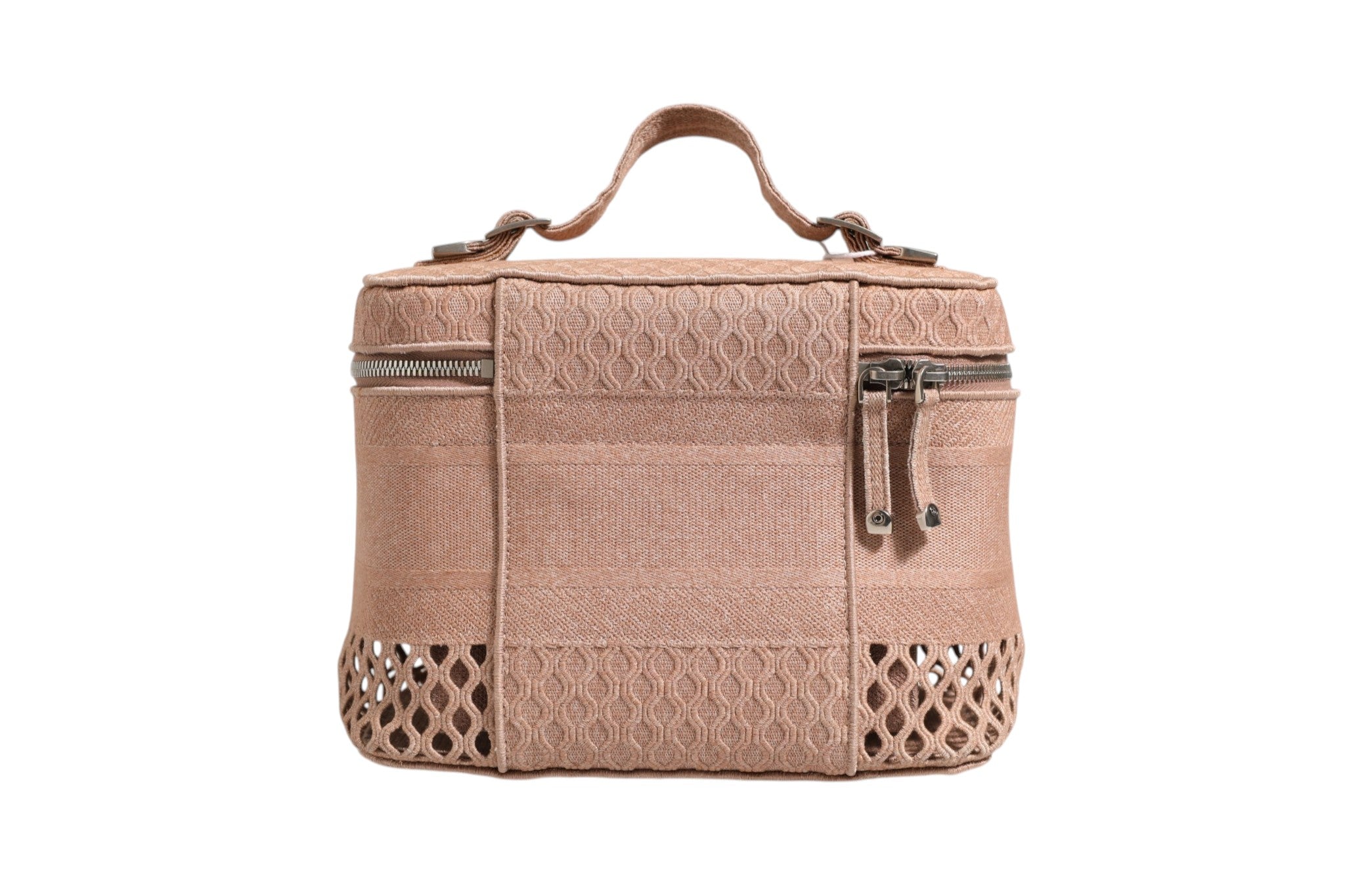 Trousse de voyage Christian Dior en mesh brodée avec motif Dior, élégante et pratique pour le maquillage et les accessoires.