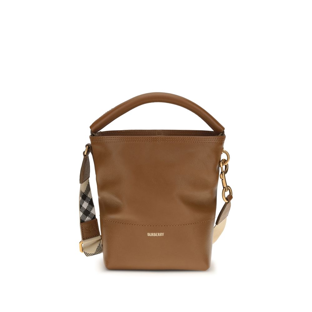 Sac à main Burberry Bos Taurus en cuir de veau marron, style élégant et sophistiqué, avec détails en tissu signature.