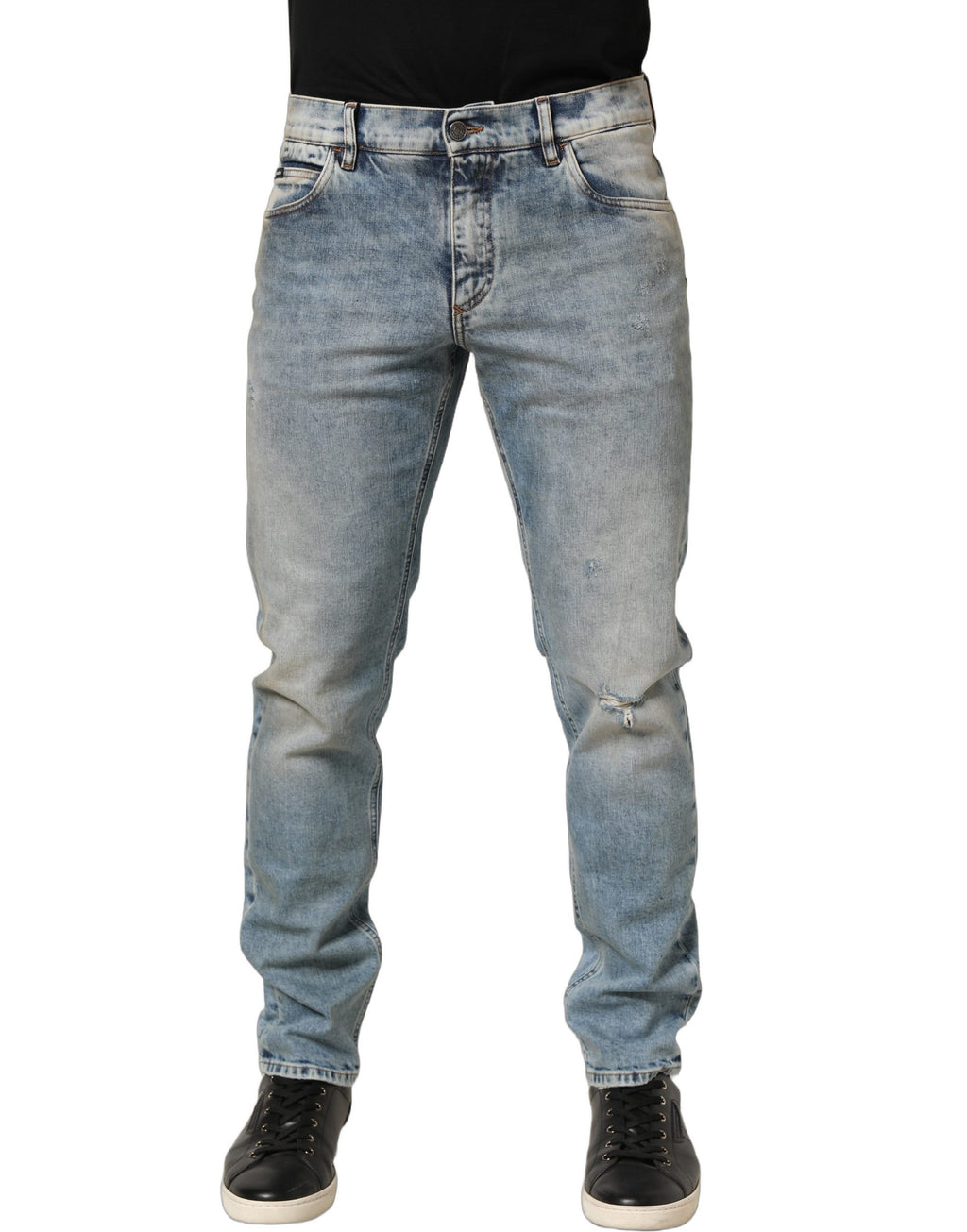 Jeans homme Dolce & Gabbana bleu délavé taille moyenne coupe droite en denim, visible avec détails de couture.
