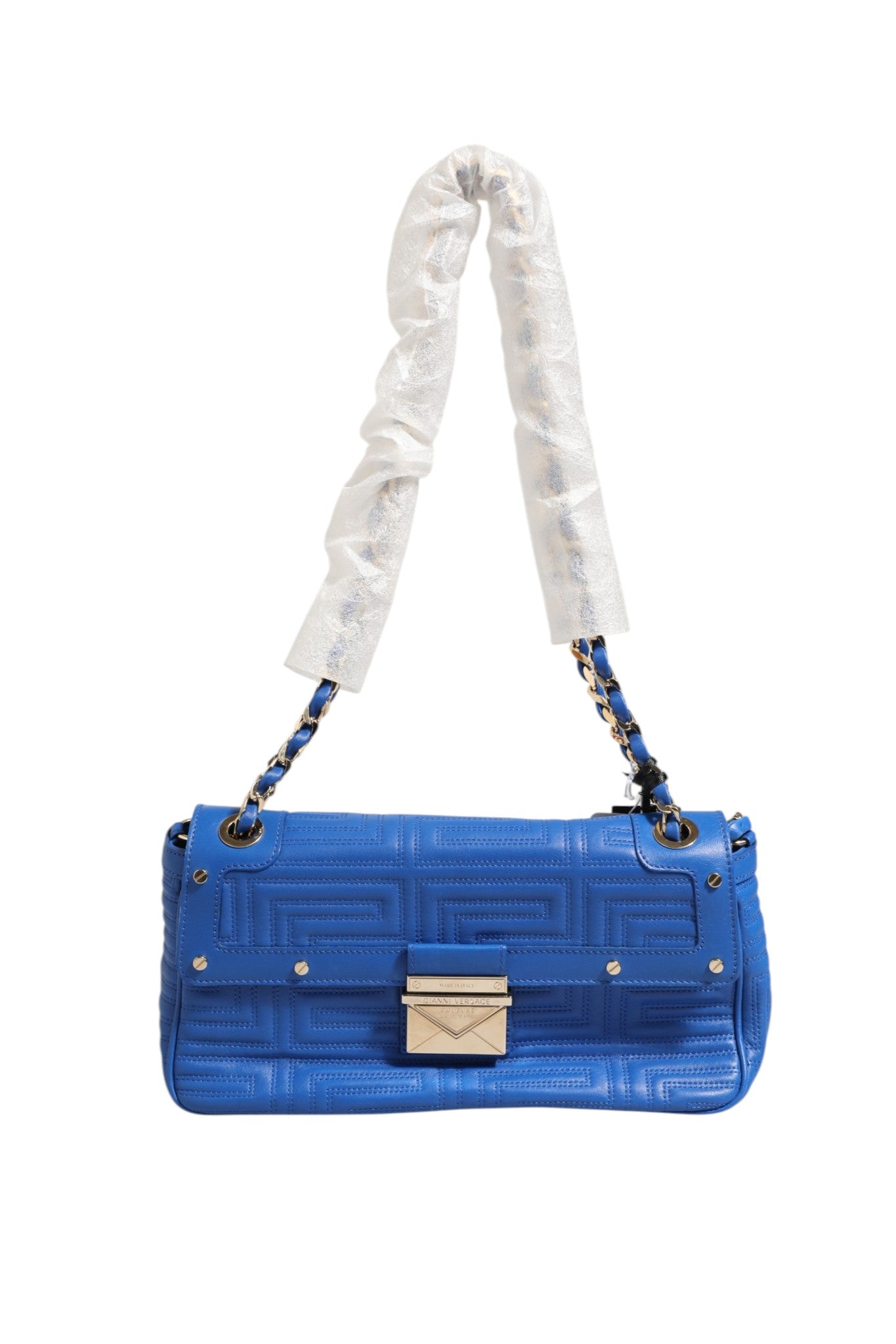 Sac à épaule en cuir matelassé Versace Couture, élégant et luxueux, avec détails sophistiqués et logo distinctif.
