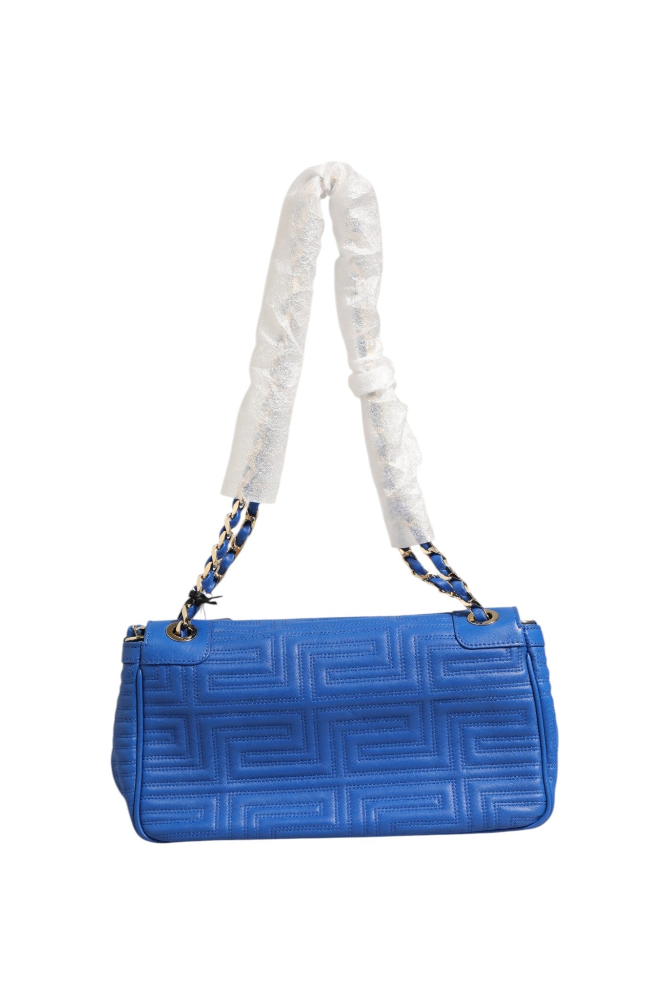Sac à épaule en cuir matelassé Versace Couture, élégant et sophistiqué, avec logo emblématique sur le devant.
