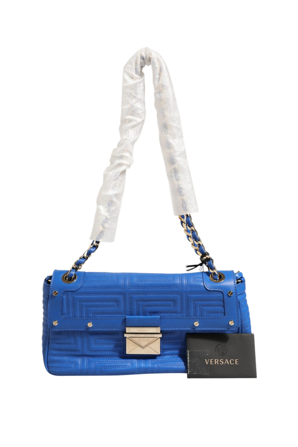 Sac à bandoulière en cuir matelassé Versace Couture, élégant et chic, avec détails de luxe et logo visible.