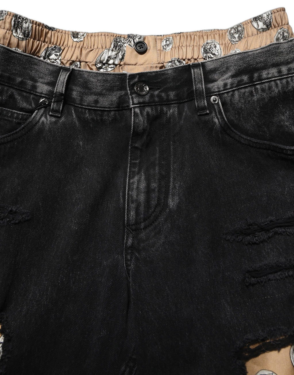 Jeans droits en coton déchiré noir de Dolce & Gabbana, denim distressed, mode masculine élégante et décontractée.