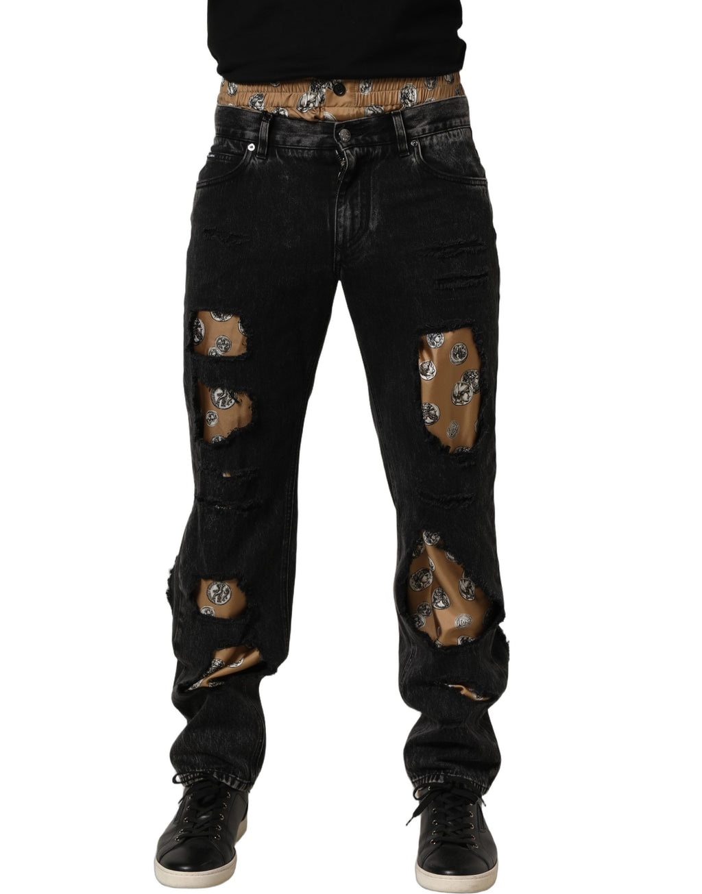 Jeans droits en denim noir délavé en coton de Dolce & Gabbana, style décontracté avec usures visibles.