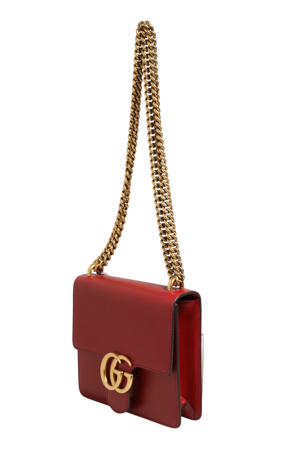 Sac porté épaule Gucci Marmont en cuir rouge Rosso Ancora, petit modèle avec logo emblématique et finition élégante.
