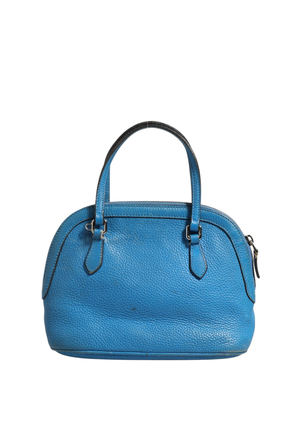 Sac à main en cuir bleu Gucci, sac à poignée en forme de dôme avec logo Gucci visible.