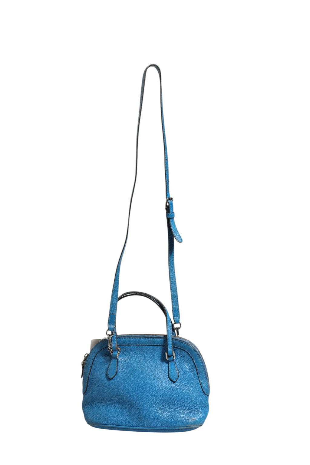 Sac à main en cuir bleu Gucci, modèle en forme de dôme, avec poignées élégantes et détails raffinés.