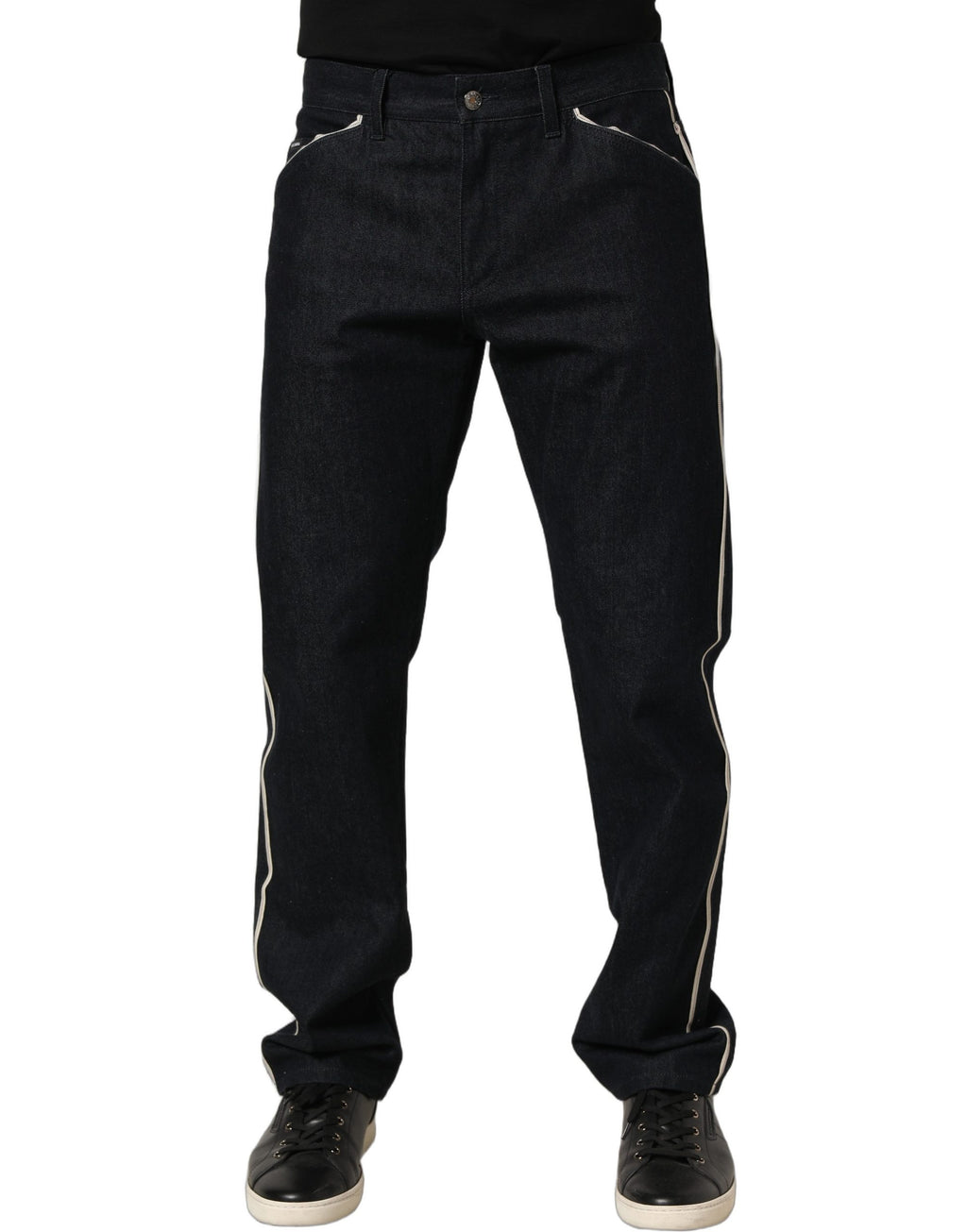 Jeans homme Dolce & Gabbana en coton noir, coupe classique taille mi-haute, denim élégant et moderne.