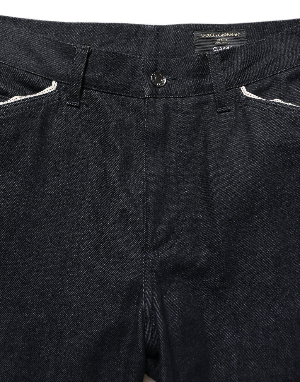Jeans homme Dolce & Gabbana en coton noir, coupe classique à taille mi-haute, denim élégant avec détails soignés.