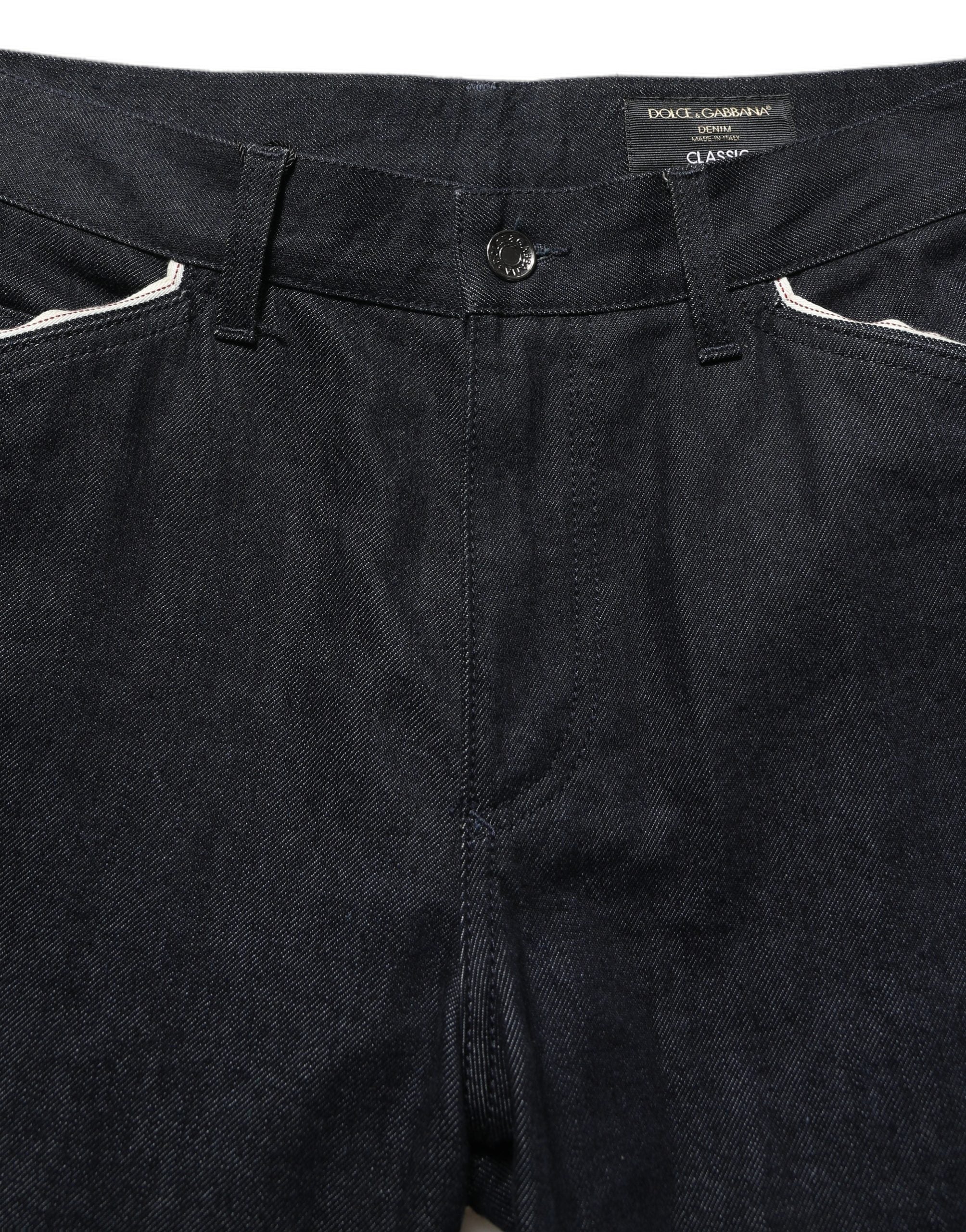 Jeans homme Dolce & Gabbana en coton noir, coupe classique à taille mi-haute, denim élégant avec détails soignés.