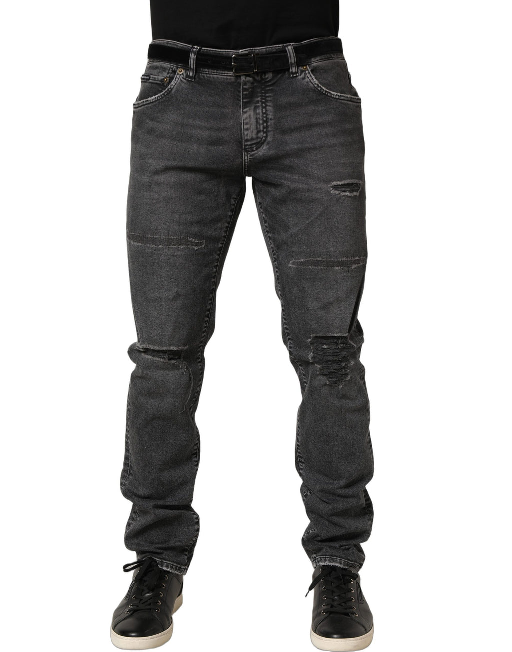 Jeans en denim gris foncé Dolce & Gabbana, déchirés, à taille moyenne, style décontracté, visible en image.