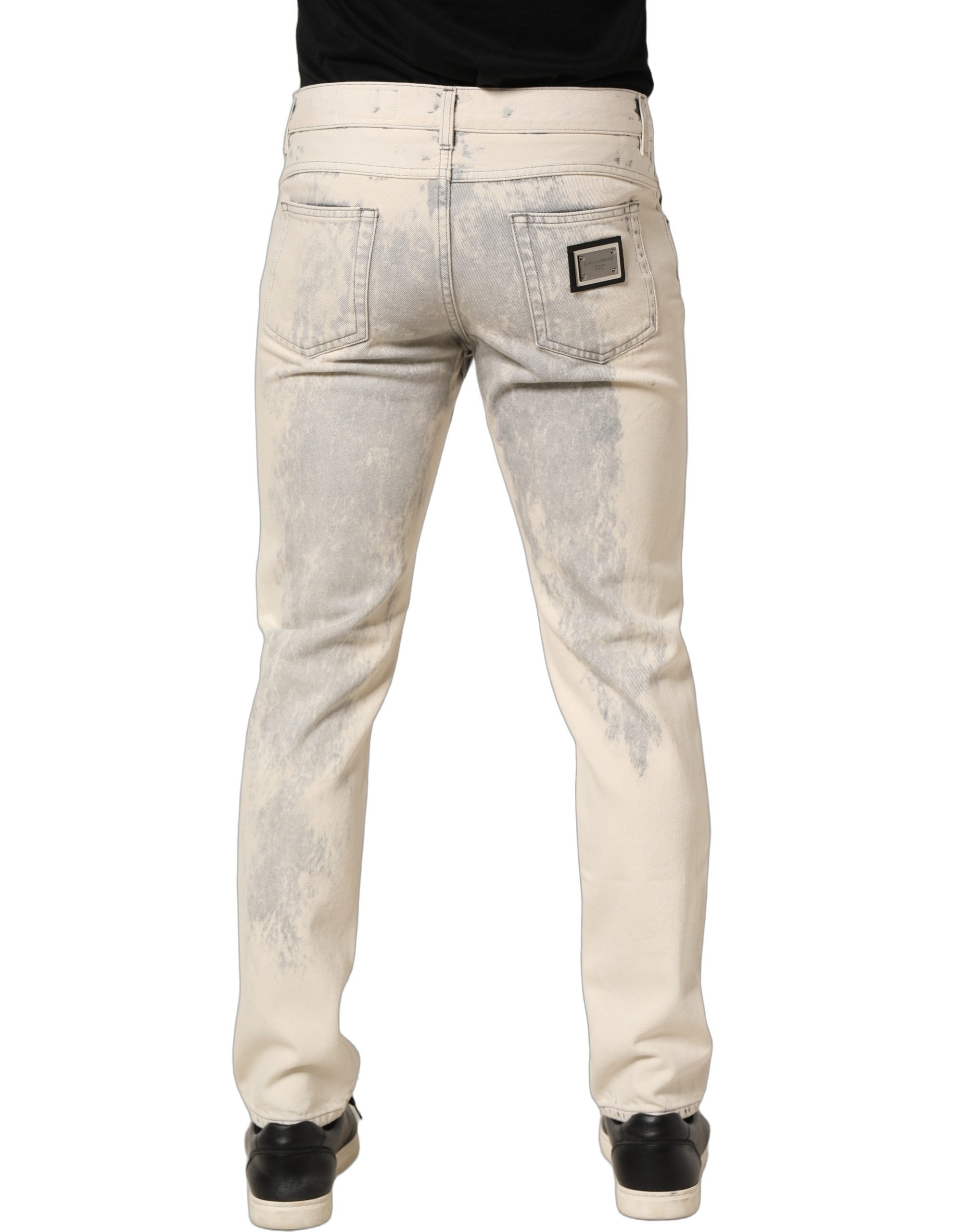 Jeans pour homme Dolce & Gabbana en coton beige tie-dye, coupe droite, style denim.