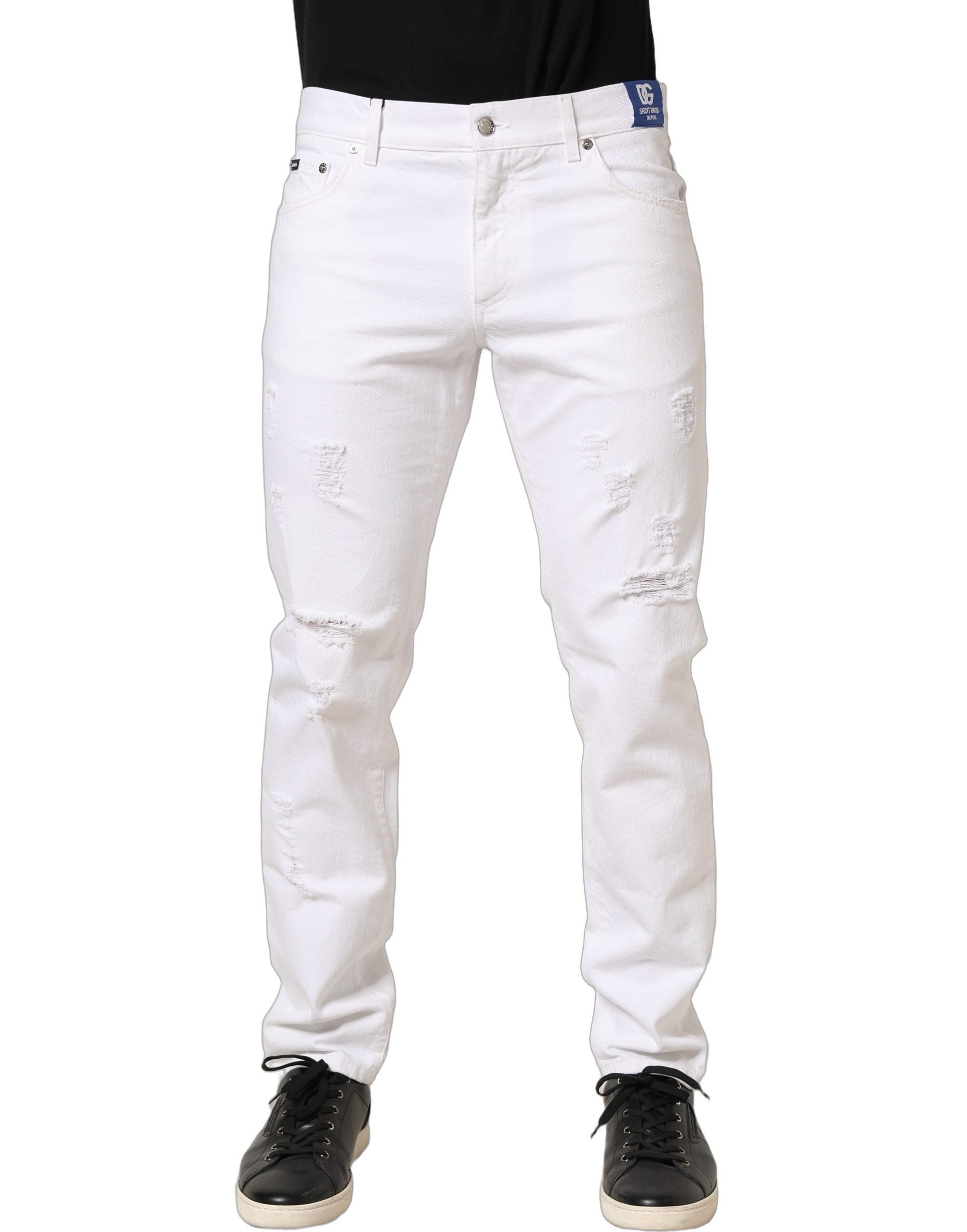 Jeans homme slim fit en coton blanc, déchirés, Dolce & Gabbana, style décontracté avec détails usés