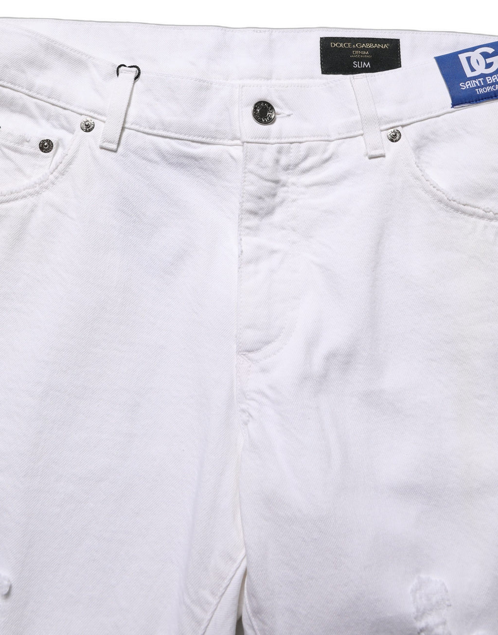 Jeans Slim Fit en coton blanc déchiré de Dolce & Gabbana pour homme, style décontracté et tendance.