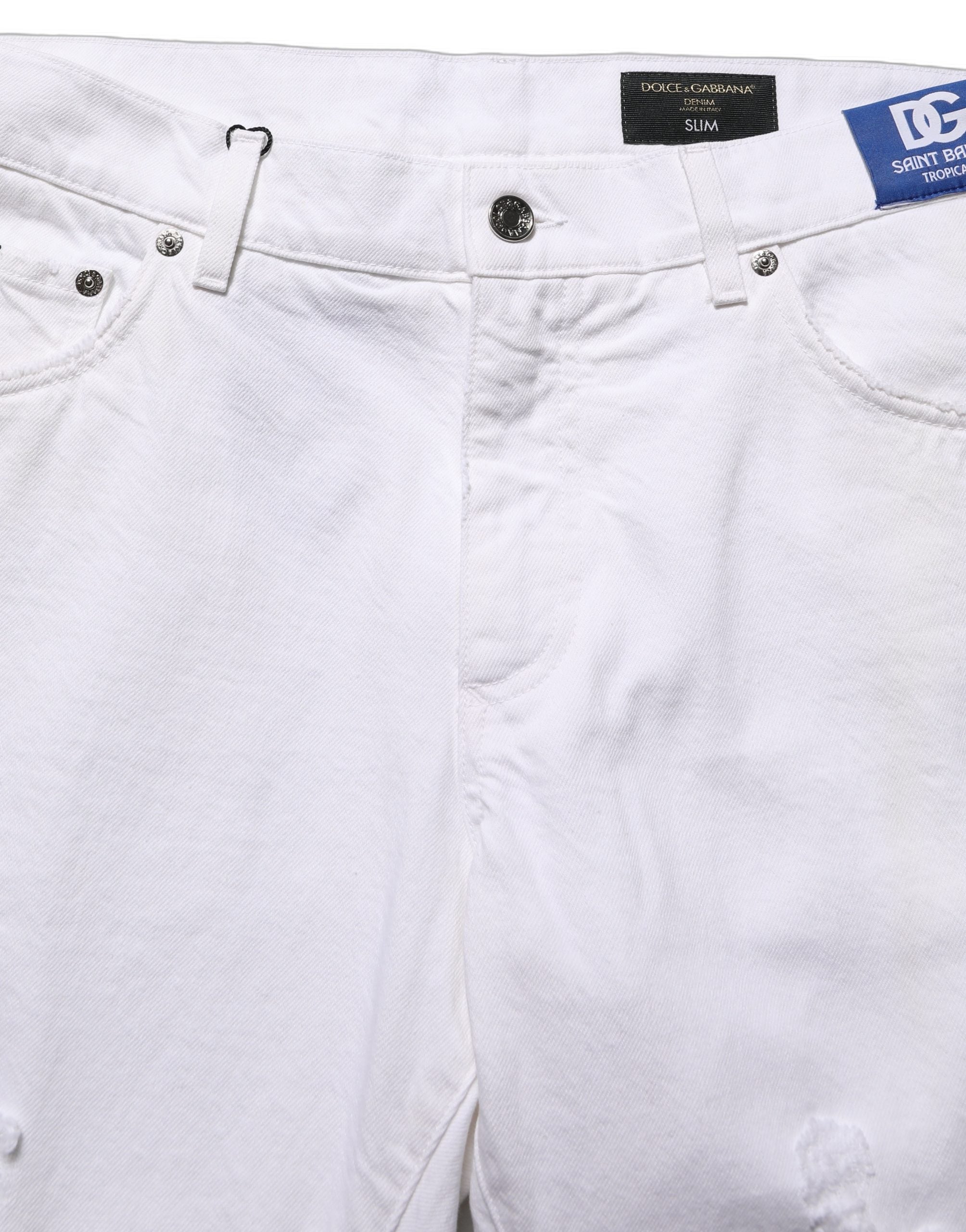 Jeans Slim Fit en coton blanc déchiré de Dolce & Gabbana pour homme, style décontracté et tendance.