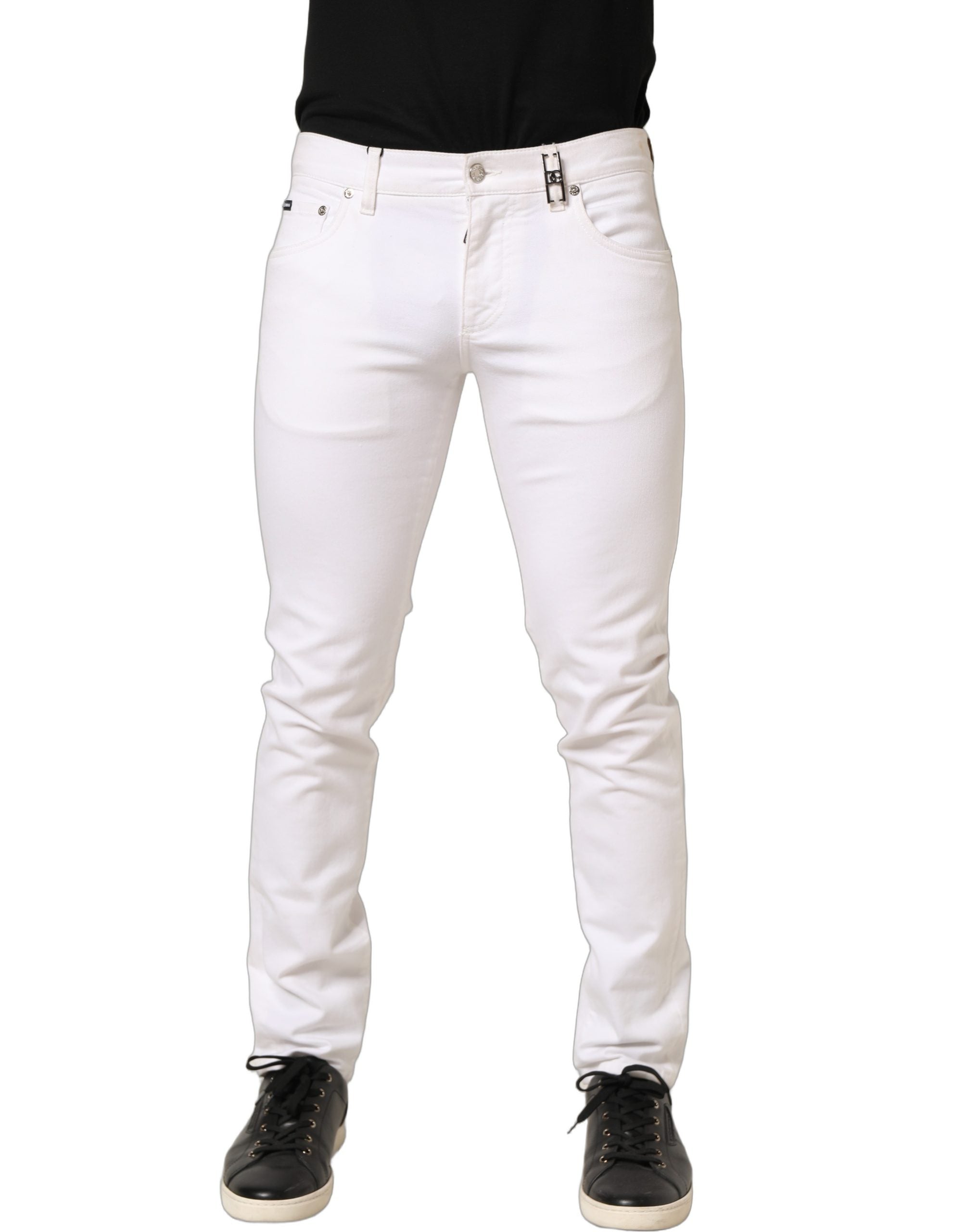 Jeans skinny en coton blanc Dolce & Gabbana, taille mi-haute, denim ajusté, visible sur l'image.