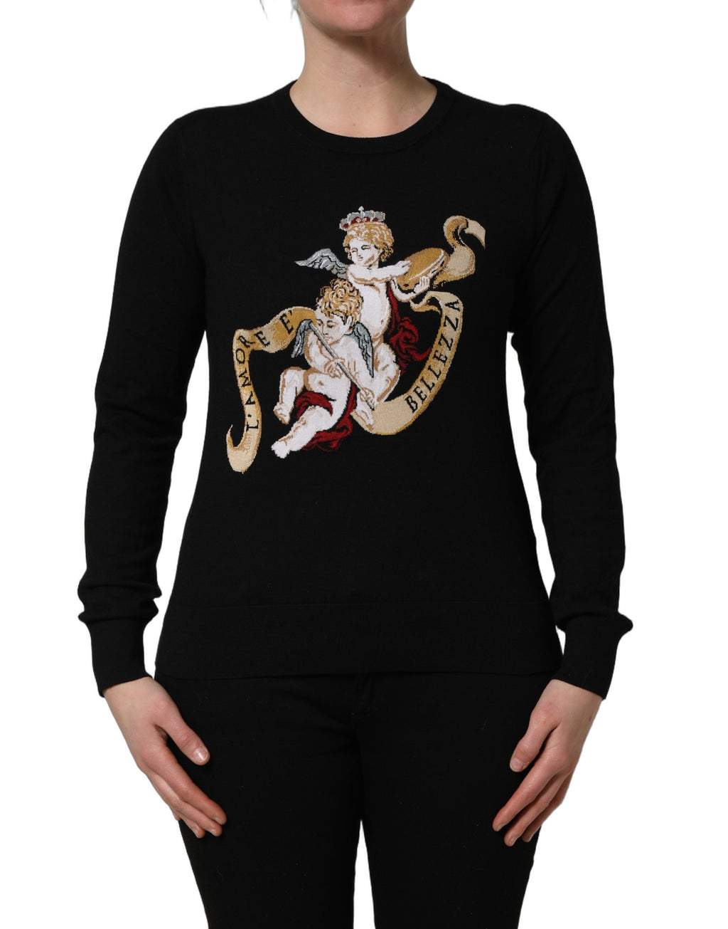 Pull en laine noir Dolce & Gabbana Angels avec col rond, affichant un motif angelot sur le devant.